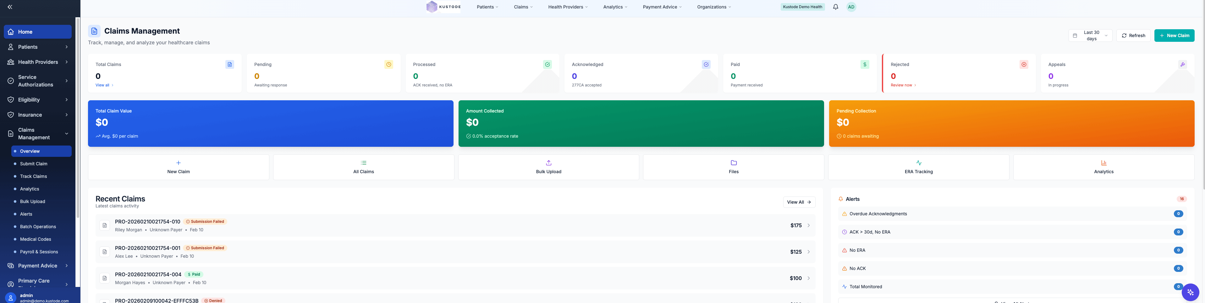Kustode Claims Management — claim lifecycle tracking from submission to payment with total claim value, amount collected, pending collection, alerts, and recent claims activity